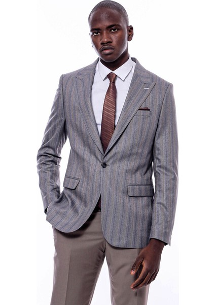 Ekose Çizgili Gri Slim Fit Ceket
