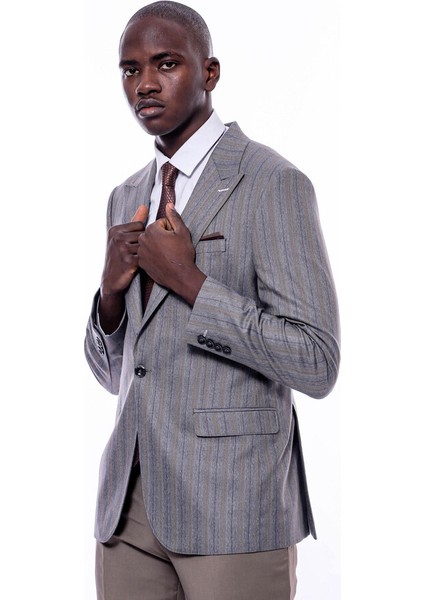 Ekose Çizgili Gri Slim Fit Ceket