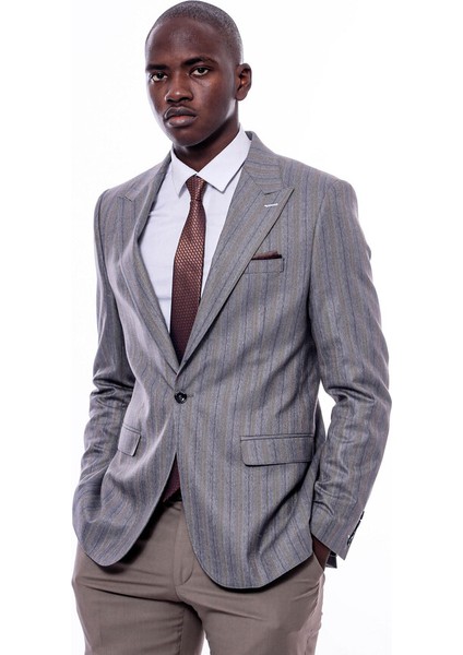Ekose Çizgili Gri Slim Fit Ceket