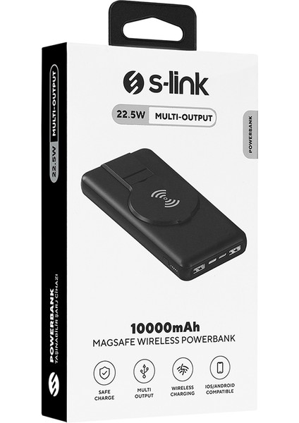 S-link P110 10000mAh PRM PD22.5W+QC3.0 Magsafe 15W Kablosuz Standlı Siyah Taşınabilir Pil Şarj Cihazı Powerbank