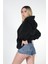 Kadın Sweatshirt Kapüşonlu Owersize Siyah Baskılı Kalın İçi Polarlı 2
