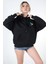 Kadın Sweatshirt Kapüşonlu Owersize Siyah Baskılı Kalın İçi Polarlı 4
