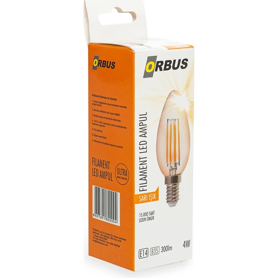 Orbus C37 4W Filament Bulb Amber E14 300LM RA80 220 - 240V/50Hz Ampul - 2200K Sarı Işık