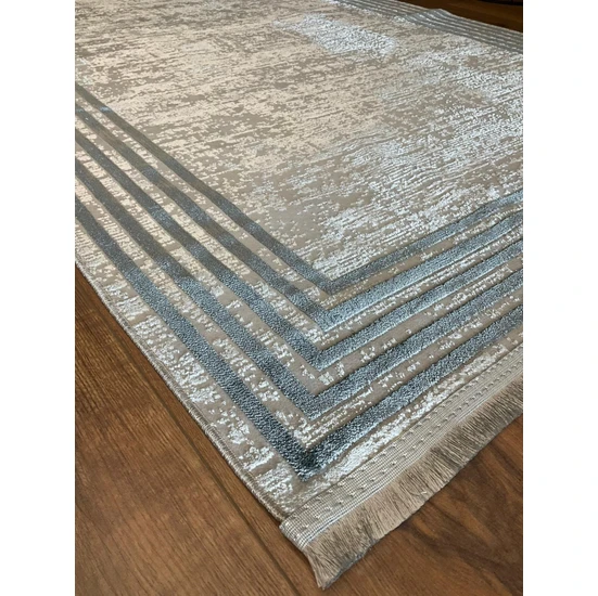 Saraz Halı Bambu Saten Çizgi Mavi 2147 Saten Bambu Yıkanabilir Çizgi Serisi