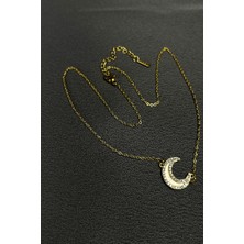 Mooni Accessories Sedef Ay Model Zirkon Taş İşlemeli Gold Altın Renk 316L Çelik Zincir Kolye