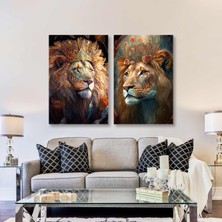 SML Tablo Asil Aslan ve Kaplan Gold Tac Yapraklar ve Çiçekler Fantastik Ikili Kombin 2 Li Set Kanvas Tablo