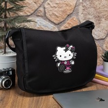 Touz Moda Gothic Hello Kitty Baskılı Siyah Postacı Çantası Su İtici Özellikli Kadın Tasarımı
