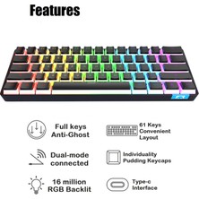 Yeajion 61 Keys Bluetooth Klavye Çift Modları Windows/android Taşınabilir Siyah Için Rgb (Yurt Dışından)