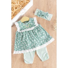 Babymod Çiçek Desenli Bandanalı 3'lü Kız Bebek Elbiseli  Takım