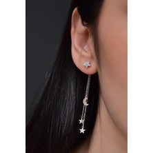 925 Ayar Gümüş Rodyum Kaplama Zincir Sallantılı Ay Yıldız Küpe