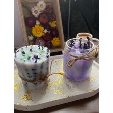 Eloza Floral Art Kurutulmuş Lavantalarla Hazırlanan Hindistan Cevizi ve Vanilya Kokulu Soya Mumları ve Simli Beton Sunumluk Birarada