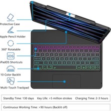 MTK Moveteck Apple Ipad Pro 12.9" 5. 6. Nesil 2021/2022 Uyumlu Klavye Gökkuşağı Aydınlatmalı Kalem Tutucu Pencil Holder Magic Keyboard Magnetik Case