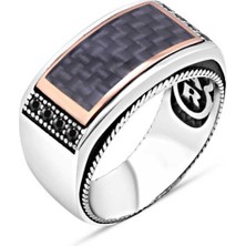 Amberkan Üzeri Karbonlu Kenarı Minik Siyah Zirkon Taşlı Erkek Yüzük
