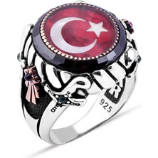 Amberkan Ortası Mineli Türk Bayrağı Kenarı Çember Taşlı Erkek Yüzük
