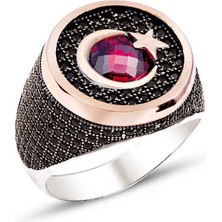 Amberkan Gümüş Siyah Zirkon Taşlı Üzeri Ay Yıldız Temalı Yanları Komple Taş Işlemeli Erkek Yüzük
