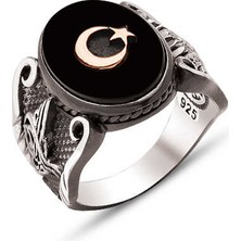 Amberkan Gümüş Oniks Taş Üstü Ay Yıldız Temalı Kenarları Osmanlı Devlet Armalı ve Osmanlı Tuğralı Yüzük
