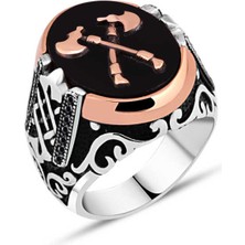 Amberkan Oniks Taş Üzeri Çift Balta Kenarları Minik Siyah Zirkon Taşlı Erkek Yüzük
