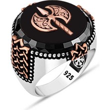 Amberkan Oniks Taş Üzeri Çift Başlı Baltalı Erkek Yüzük
