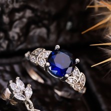 Byes 925 Ayar Gümüş Lotus Motifli Safir Tektaş Yüzük