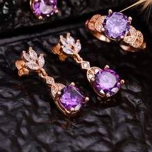 Byes 925 Ayar Gümüş Ametist Taşlı Lotus Motif Küpe-Yüzük Set