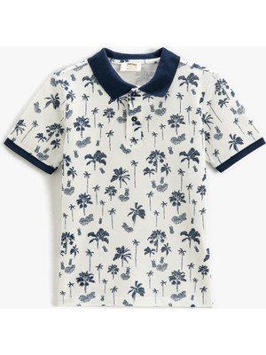 Koton Palmiye Baskılı Polo Yaka Tişört Kısa Kollu Düğme Detaylı