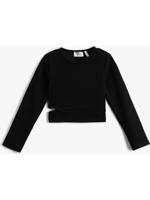 Koton Crop Uzun Kollu Tişört Yuvarlak Yaka Pencere Detaylı Ribanalı