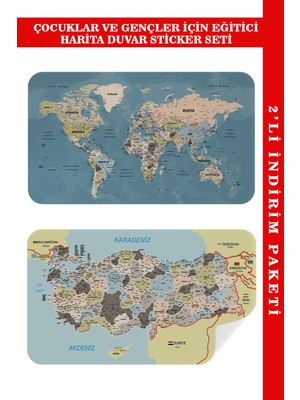 Harita Sepeti Eğitici Öğretici Dünya ve Türkiye Haritası Çocuk Odası Duvar Sticker 3889