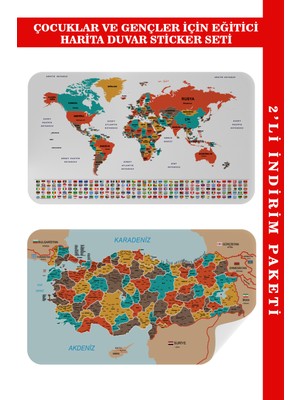 Harita Sepeti Eğitici Dünya ve Türkiye Haritası Çocuk Odası Duvar Sticker Renkli Suya Dayanıklı 85 x 130 cm