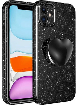 Apple iPhone 11 Kılıf Kamera Korumalı Simli Pop Soketli Lüks Koton Soketli Kapak Siyah Telefon Kılıfı