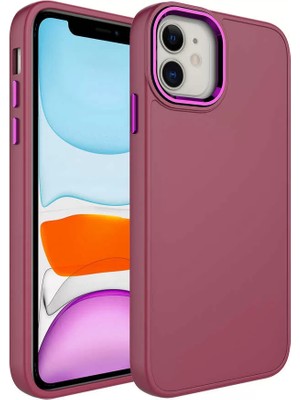 Lopard Apple iPhone 11 Kılıf Metal Çerçeve ve Buton Tasarımlı Silikon Luna Kapak Bordo Telefon Kılıfı