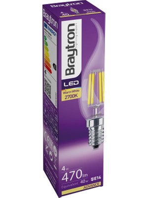 Braytron BA35-00410-BRAYTRON 4W 2700K Sarı Işık E14 Kıvrık Mum LED Rustik Ampul 5'li Paket