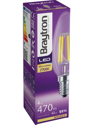 Braytron BA36-00410-BRAYTRON 4W 2700K Sarı Işık E14 Mum LED Rustik Ampul 5 Li Paket