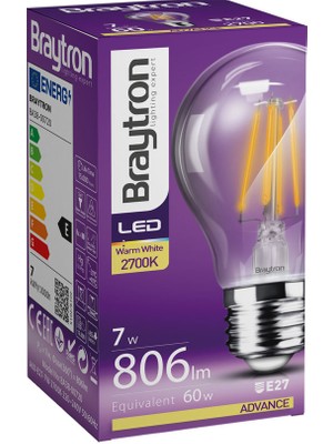 Braytron BA38-00720-BRAYTRON 7W 2700K Sarı Işık E27 A60 LED Rustik Ampul 3 Lü Paket