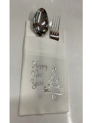 Kidspartim Gümüş Yaldızlı Beyaz Happy New Year Çam Ağacı Cepli  Touch Peçete 12 Lı 40X40