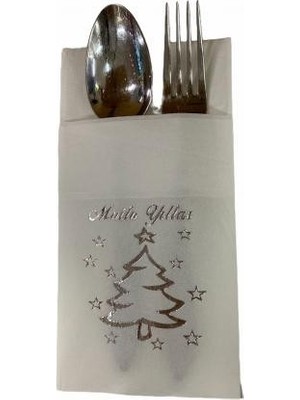 Kidspartim Gümüş Yaldızlı Beyaz Mutlu Yıllar Cepli  Touch Peçete 12 Lı 40X40