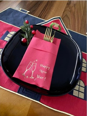 Kidspartim Gold Kırmızı Cepli  Touch Yılbaşı Kadeh Happy New Year Peçete 12 Adet 40X40