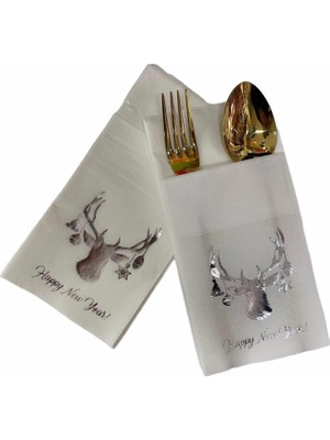 Kidspartim Gümüş Beyaz Cepli  Touch Yılbaşı Geyik Modeli Peçete 12 Adet 40X40