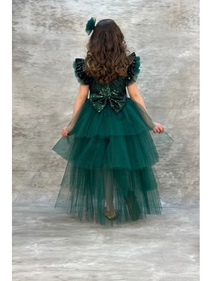 Abiye Kids Pullu Katkat Kuyruklu Tarz Çocuk Abiye 9 Yaş Yeşil Renkli Özel Olay İçin Şık Silüet