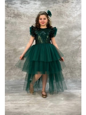 Abiye Kids Yeşil Pullu Katkat Kuyruklu Tarz Çocuk Abiye ABY745 Özel Günler İçin Şık Tasarım