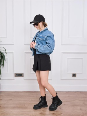 Arzu Emiroğlu Orijinal Marka Mavi Crop Denim Ceket