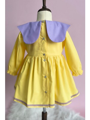 Bertuğ Bebek Dantel Detaylı Lila Yaka Sarı Kız Çocuk Bebek Elbise
