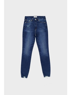 Cross Jeans Judy Koyu Mavi Yüksek Bel Skinny Fit  Paçası Yıpratmalı Jean Pantolon C 4521-174