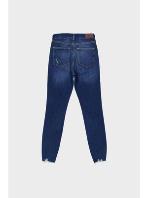 Cross Jeans Judy Koyu Mavi Yüksek Bel Skinny Fit  Paçası Yıpratmalı Jean Pantolon C 4521-174