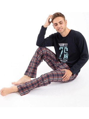 Over Pazar Erkek Baskılı Pijama Takımı Uzun Kollu Erkek Pijama Takımı Uzun Kollu Pijama Takımı Erkek Pijaması Lacivert