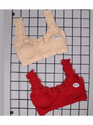 Otantik Tekstil Kadın Pamuklu Dantelli 2'li 2 Adet Siyah Beyaz Içi Pedli Toplayıcı Büyük Beden Ribana Sütyen