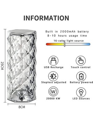 ANC Company Kristal Elmas Masa Lambası 16 Renk USB Şarjlı Dokunmatik