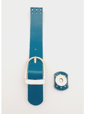 Angel Çanta Aksesuar 18X2,3 cm Turkuaz Gerçek Deri Tokalı Çanta Kapağı Light Gold Metalli