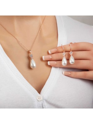 Inure Jewelry Gümüş Rose Damla İnci Kadın Set