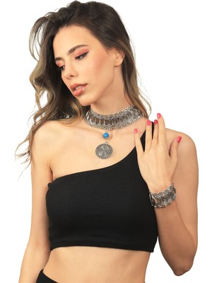 Labalaba Kadın Antik Gümüş Kaplama Turkuaz Doğal Taşlı Illüzyon Model Choker & Bileklik Set