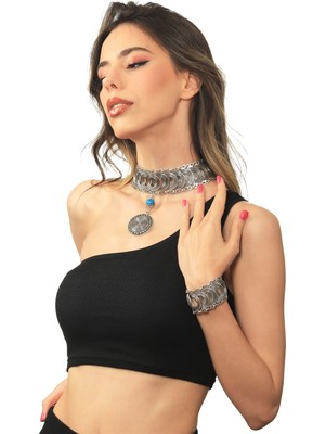 Labalaba Kadın Antik Gümüş Kaplama Turkuaz Doğal Taşlı Illüzyon Model Choker & Bileklik Set